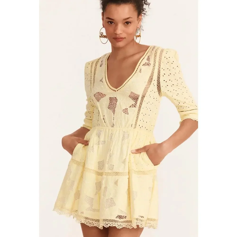 LoveShackFancy Jobelle Mini Dress Lemon Sun size Small NWT - Picture 2 of 8